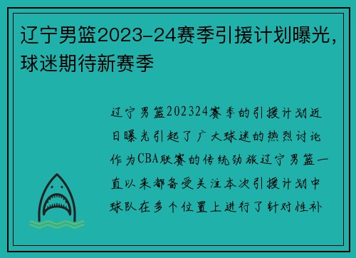 辽宁男篮2023-24赛季引援计划曝光，球迷期待新赛季